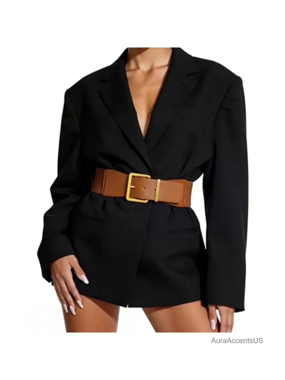Vintage Stretchy Wide Elastic Belt with Gold Chunky Buckle for Dresses
